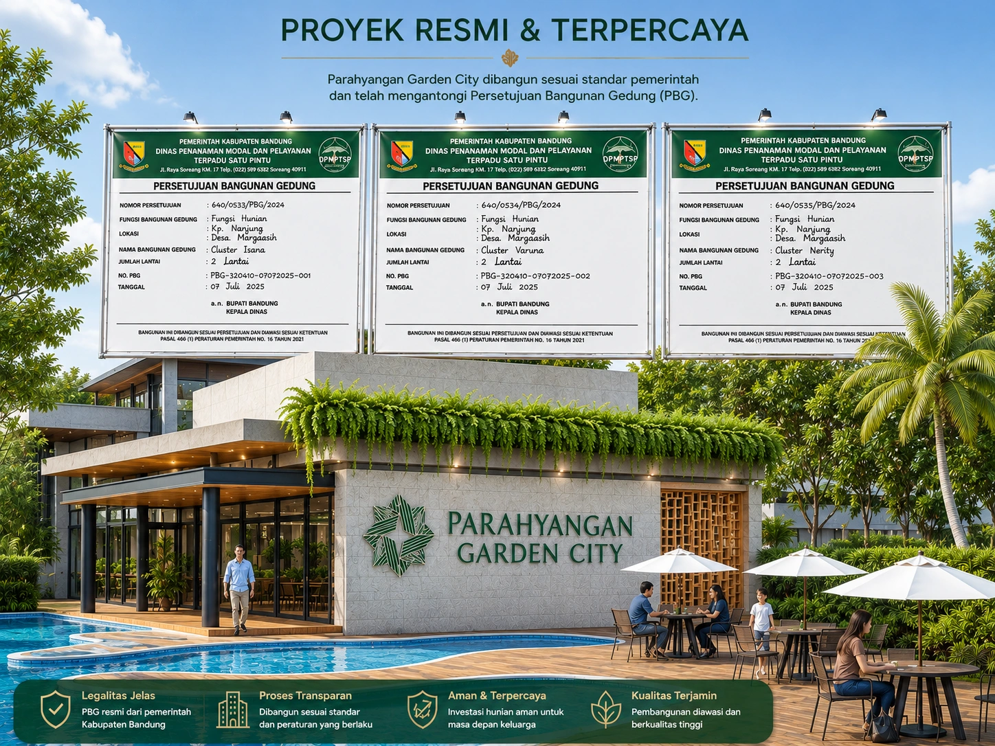 Tiga Persetujuan Bangunan Gedung untuk Cluster Isana, Varuna, dan Nerity dari Dinas PMPTSP Kabupaten Bandung