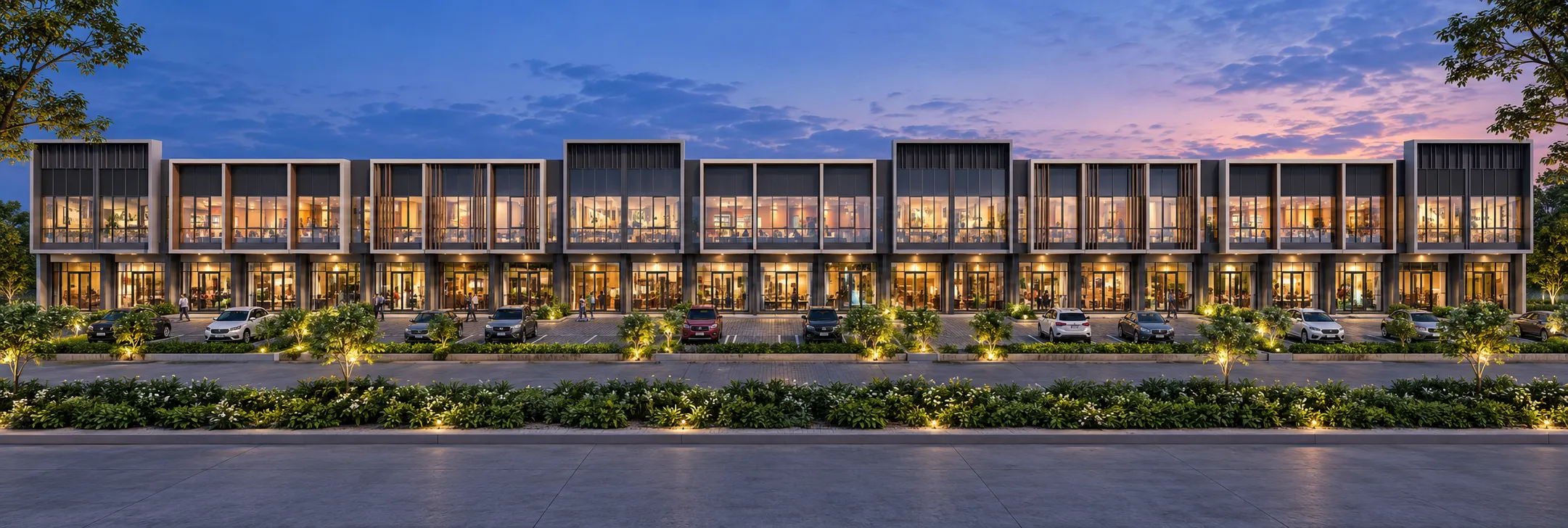 Deretan SOHO Parahyangan Garden City saat biru senja, pertokoan dua lantai menyala sepanjang boulevard